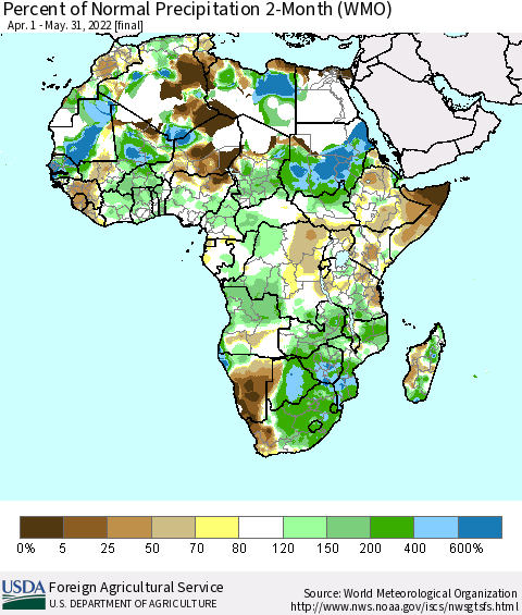 Africa Percent of Normal Precipitation 2-Month (WMO) Thematic Map For 4/1/2022 - 5/31/2022