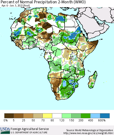Africa Percent of Normal Precipitation 2-Month (WMO) Thematic Map For 4/6/2022 - 6/5/2022
