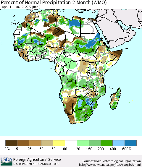 Africa Percent of Normal Precipitation 2-Month (WMO) Thematic Map For 4/11/2022 - 6/10/2022