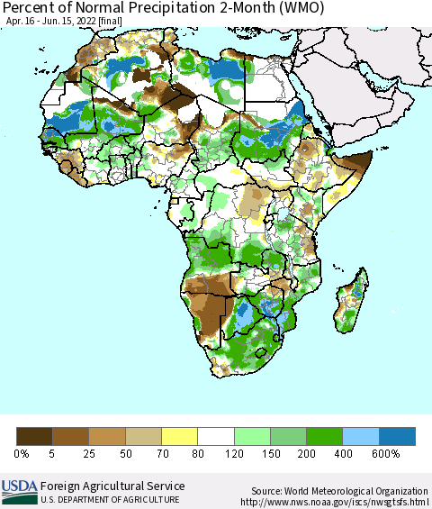 Africa Percent of Normal Precipitation 2-Month (WMO) Thematic Map For 4/16/2022 - 6/15/2022