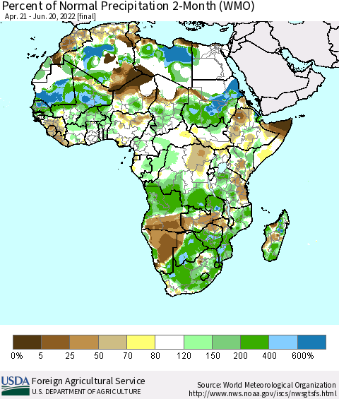 Africa Percent of Normal Precipitation 2-Month (WMO) Thematic Map For 4/21/2022 - 6/20/2022