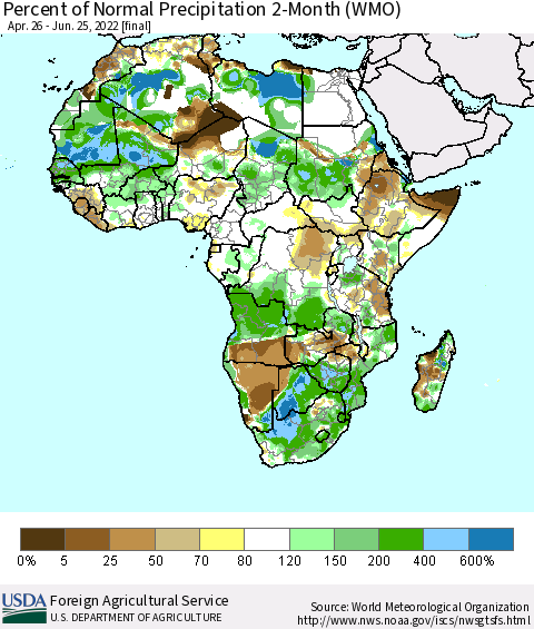 Africa Percent of Normal Precipitation 2-Month (WMO) Thematic Map For 4/26/2022 - 6/25/2022