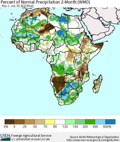 Africa Percent of Normal Precipitation 2-Month (WMO) Thematic Map For 5/1/2022 - 6/30/2022