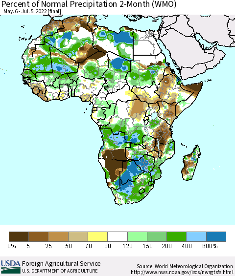 Africa Percent of Normal Precipitation 2-Month (WMO) Thematic Map For 5/6/2022 - 7/5/2022