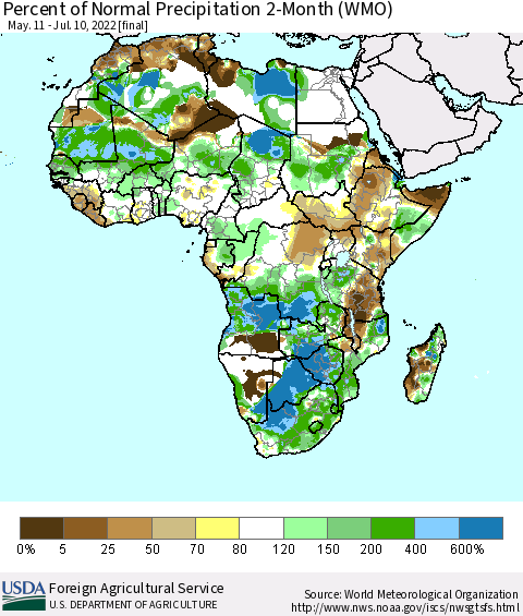 Africa Percent of Normal Precipitation 2-Month (WMO) Thematic Map For 5/11/2022 - 7/10/2022