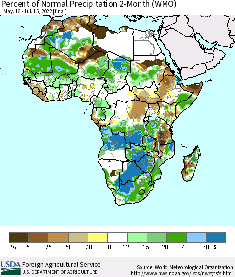Africa Percent of Normal Precipitation 2-Month (WMO) Thematic Map For 5/16/2022 - 7/15/2022