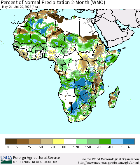 Africa Percent of Normal Precipitation 2-Month (WMO) Thematic Map For 5/21/2022 - 7/20/2022