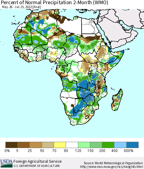 Africa Percent of Normal Precipitation 2-Month (WMO) Thematic Map For 5/26/2022 - 7/25/2022