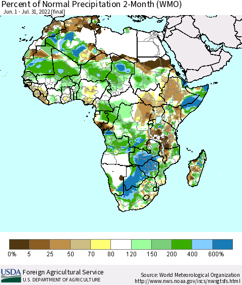 Africa Percent of Normal Precipitation 2-Month (WMO) Thematic Map For 6/1/2022 - 7/31/2022