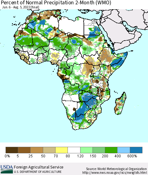 Africa Percent of Normal Precipitation 2-Month (WMO) Thematic Map For 6/6/2022 - 8/5/2022
