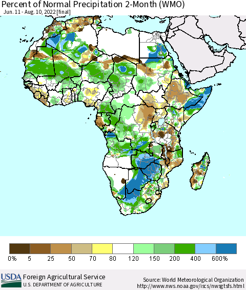 Africa Percent of Normal Precipitation 2-Month (WMO) Thematic Map For 6/11/2022 - 8/10/2022