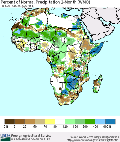 Africa Percent of Normal Precipitation 2-Month (WMO) Thematic Map For 6/26/2022 - 8/25/2022