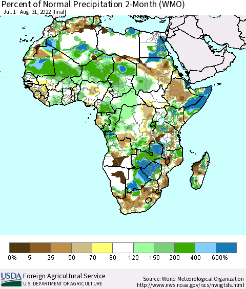 Africa Percent of Normal Precipitation 2-Month (WMO) Thematic Map For 7/1/2022 - 8/31/2022