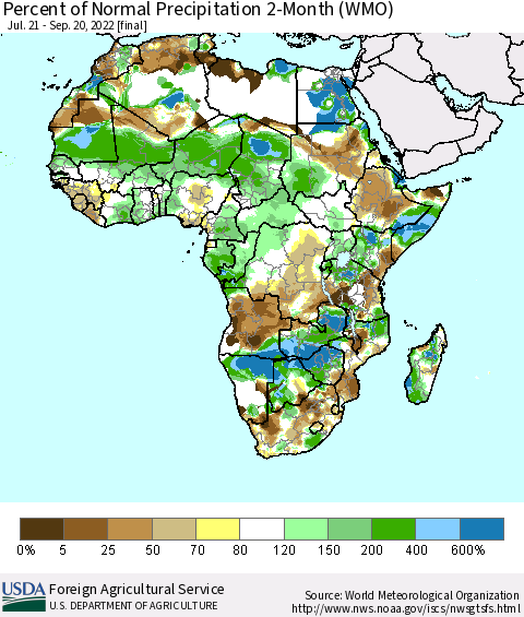Africa Percent of Normal Precipitation 2-Month (WMO) Thematic Map For 7/21/2022 - 9/20/2022
