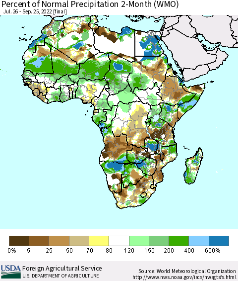 Africa Percent of Normal Precipitation 2-Month (WMO) Thematic Map For 7/26/2022 - 9/25/2022