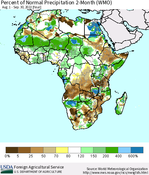 Africa Percent of Normal Precipitation 2-Month (WMO) Thematic Map For 8/1/2022 - 9/30/2022