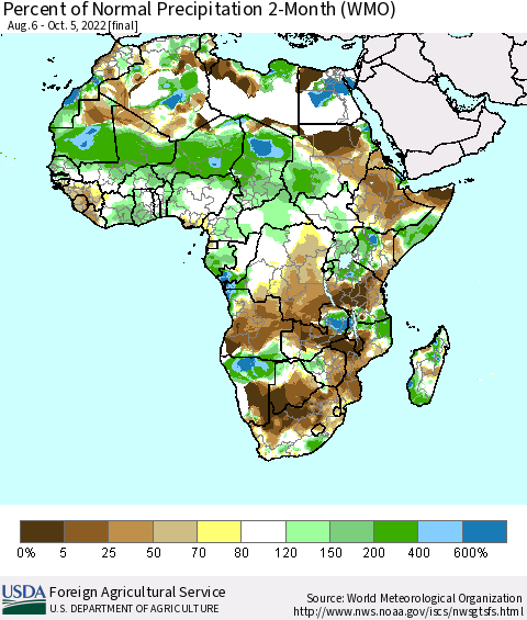 Africa Percent of Normal Precipitation 2-Month (WMO) Thematic Map For 8/6/2022 - 10/5/2022