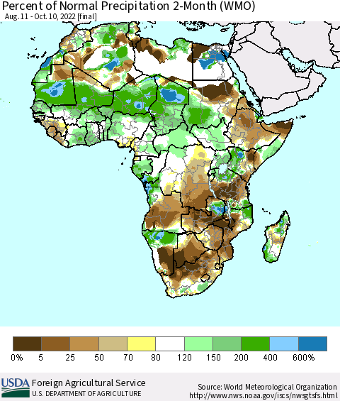 Africa Percent of Normal Precipitation 2-Month (WMO) Thematic Map For 8/11/2022 - 10/10/2022