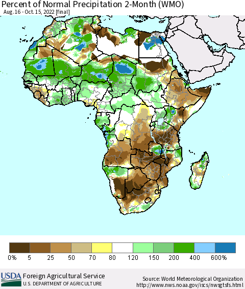 Africa Percent of Normal Precipitation 2-Month (WMO) Thematic Map For 8/16/2022 - 10/15/2022
