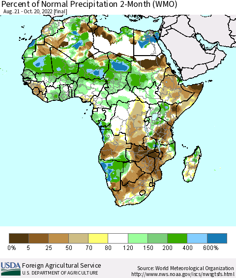 Africa Percent of Normal Precipitation 2-Month (WMO) Thematic Map For 8/21/2022 - 10/20/2022