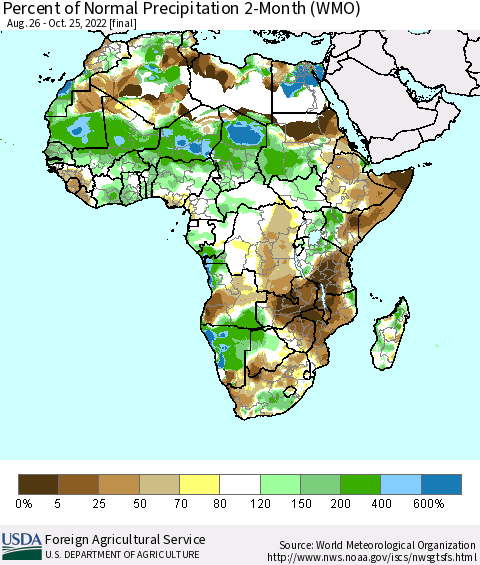 Africa Percent of Normal Precipitation 2-Month (WMO) Thematic Map For 8/26/2022 - 10/25/2022