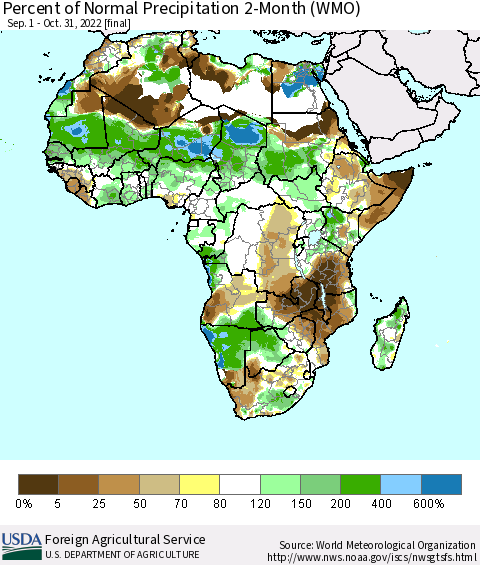 Africa Percent of Normal Precipitation 2-Month (WMO) Thematic Map For 9/1/2022 - 10/31/2022