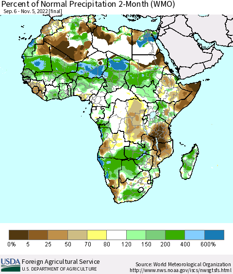 Africa Percent of Normal Precipitation 2-Month (WMO) Thematic Map For 9/6/2022 - 11/5/2022