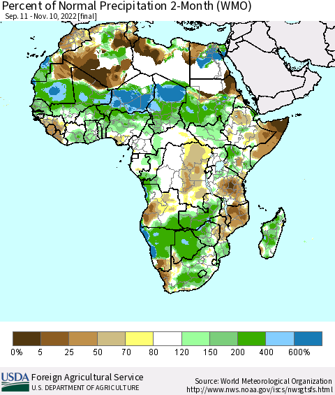 Africa Percent of Normal Precipitation 2-Month (WMO) Thematic Map For 9/11/2022 - 11/10/2022