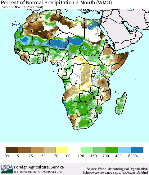 Africa Percent of Normal Precipitation 2-Month (WMO) Thematic Map For 9/16/2022 - 11/15/2022