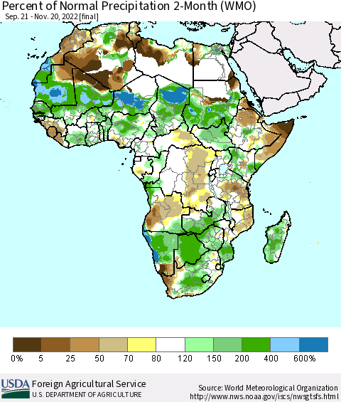 Africa Percent of Normal Precipitation 2-Month (WMO) Thematic Map For 9/21/2022 - 11/20/2022