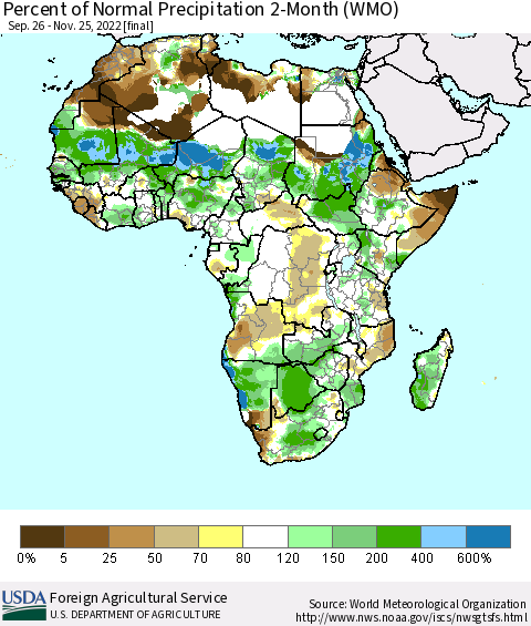 Africa Percent of Normal Precipitation 2-Month (WMO) Thematic Map For 9/26/2022 - 11/25/2022