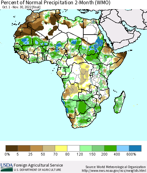 Africa Percent of Normal Precipitation 2-Month (WMO) Thematic Map For 10/1/2022 - 11/30/2022