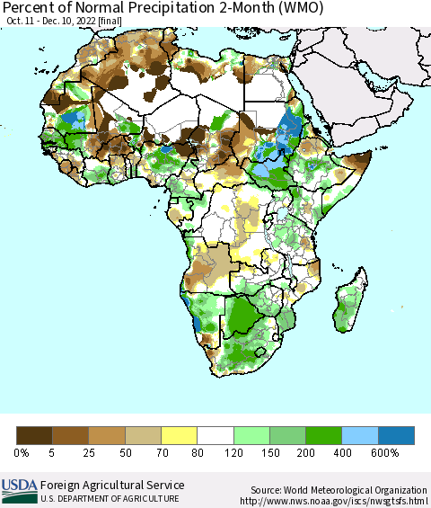 Africa Percent of Normal Precipitation 2-Month (WMO) Thematic Map For 10/11/2022 - 12/10/2022