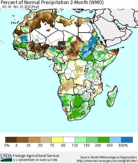 Africa Percent of Normal Precipitation 2-Month (WMO) Thematic Map For 10/16/2022 - 12/15/2022