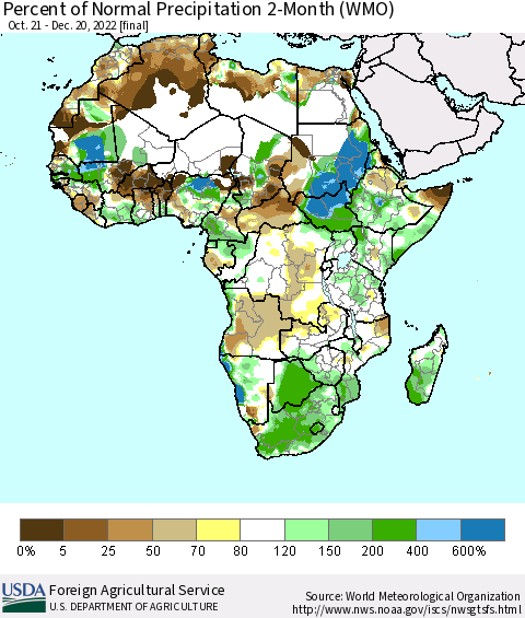 Africa Percent of Normal Precipitation 2-Month (WMO) Thematic Map For 10/21/2022 - 12/20/2022