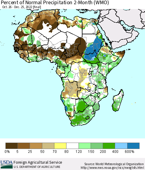 Africa Percent of Normal Precipitation 2-Month (WMO) Thematic Map For 10/26/2022 - 12/25/2022
