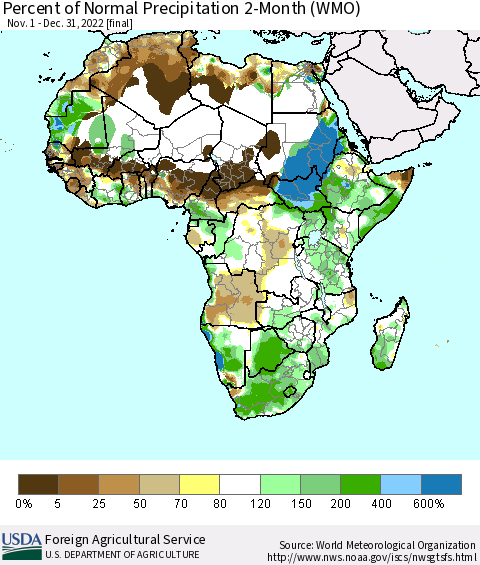 Africa Percent of Normal Precipitation 2-Month (WMO) Thematic Map For 11/1/2022 - 12/31/2022