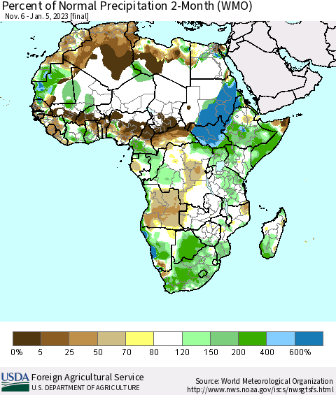 Africa Percent of Normal Precipitation 2-Month (WMO) Thematic Map For 11/6/2022 - 1/5/2023