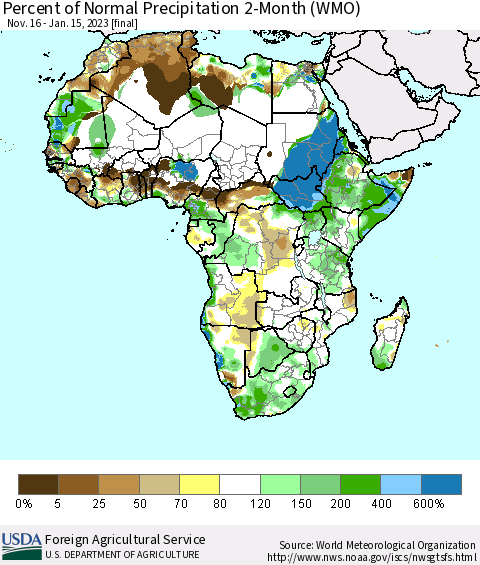 Africa Percent of Normal Precipitation 2-Month (WMO) Thematic Map For 11/16/2022 - 1/15/2023