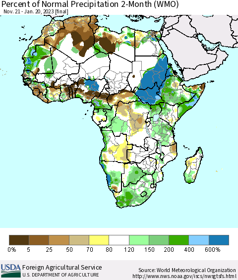 Africa Percent of Normal Precipitation 2-Month (WMO) Thematic Map For 11/21/2022 - 1/20/2023