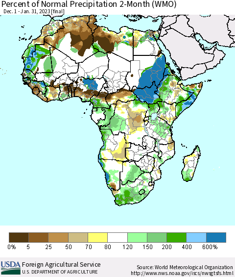 Africa Percent of Normal Precipitation 2-Month (WMO) Thematic Map For 12/1/2022 - 1/31/2023