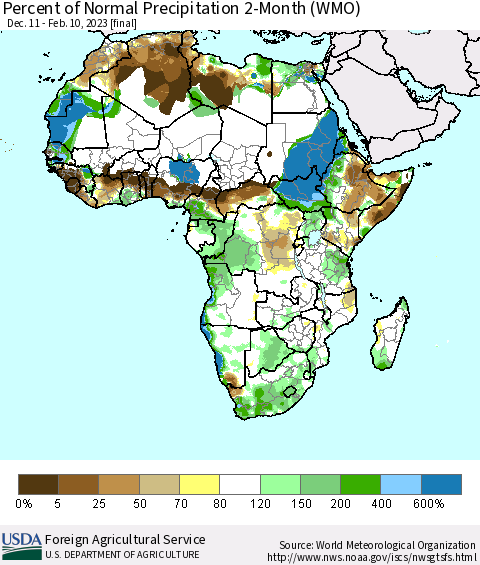 Africa Percent of Normal Precipitation 2-Month (WMO) Thematic Map For 12/11/2022 - 2/10/2023