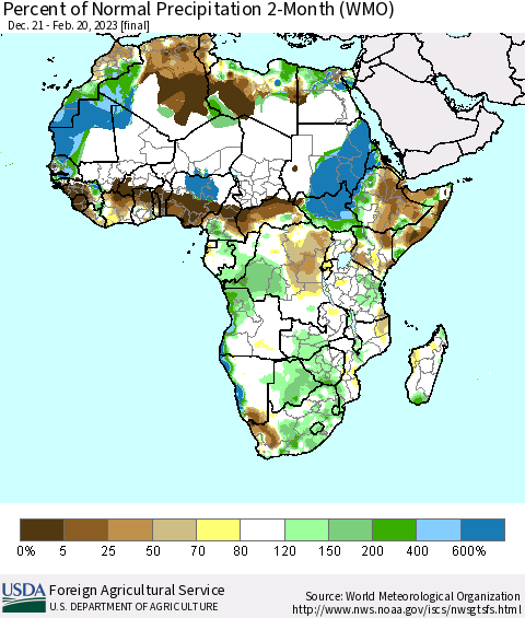 Africa Percent of Normal Precipitation 2-Month (WMO) Thematic Map For 12/21/2022 - 2/20/2023