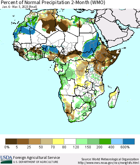 Africa Percent of Normal Precipitation 2-Month (WMO) Thematic Map For 1/6/2023 - 3/5/2023