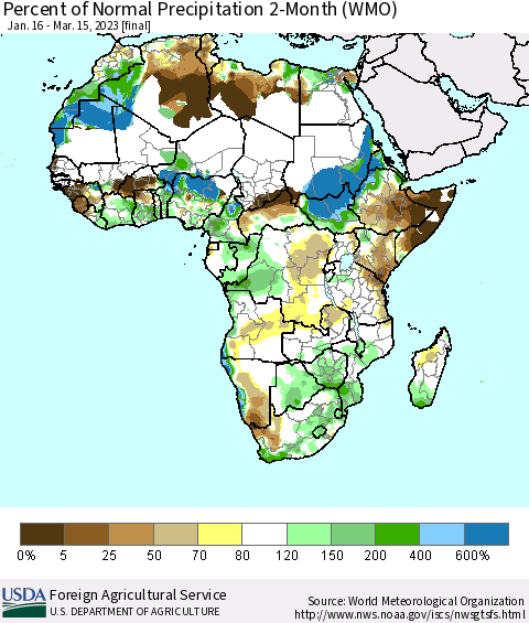 Africa Percent of Normal Precipitation 2-Month (WMO) Thematic Map For 1/16/2023 - 3/15/2023