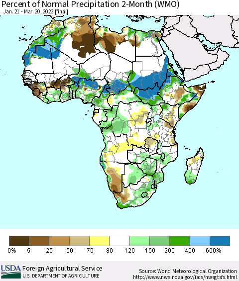 Africa Percent of Normal Precipitation 2-Month (WMO) Thematic Map For 1/21/2023 - 3/20/2023