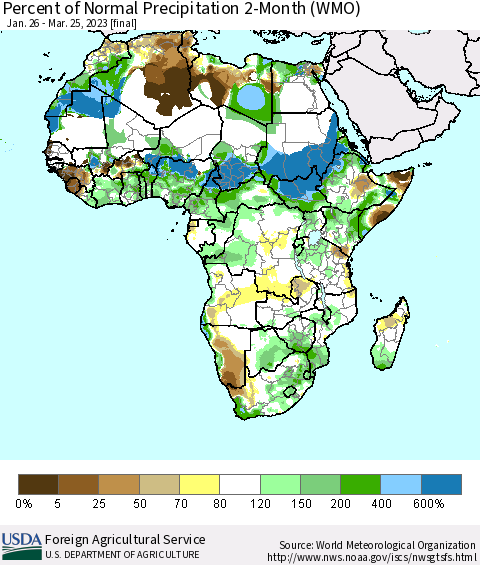 Africa Percent of Normal Precipitation 2-Month (WMO) Thematic Map For 1/26/2023 - 3/25/2023