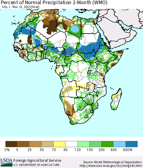 Africa Percent of Normal Precipitation 2-Month (WMO) Thematic Map For 2/1/2023 - 3/31/2023