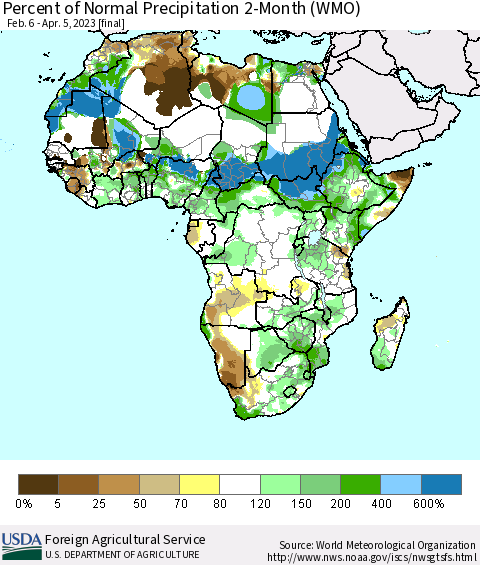 Africa Percent of Normal Precipitation 2-Month (WMO) Thematic Map For 2/6/2023 - 4/5/2023