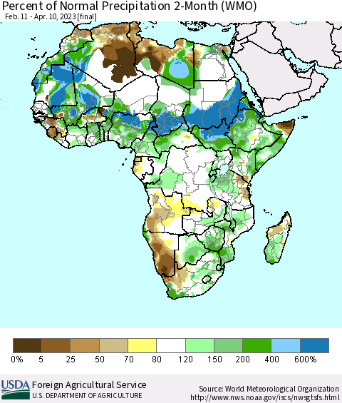 Africa Percent of Normal Precipitation 2-Month (WMO) Thematic Map For 2/11/2023 - 4/10/2023